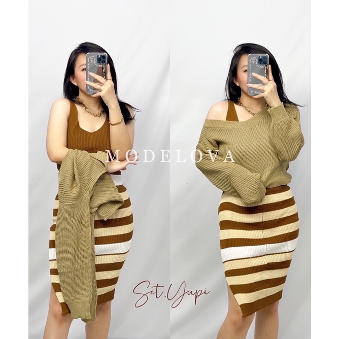 MDLV ~ SET YUPI RAJUT STRIPE SET RAJUT BAJU RAJUT  FASHION WANITA