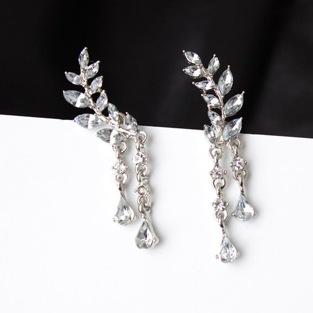 Hu Hu Hu Hu Hu Alat Bantu Pasang Kacamata♡ 1 Pasang Anting Tusuk Gantung Wanita Desain Daun / Tetesan Air Berkilau Untuk Pernikahan