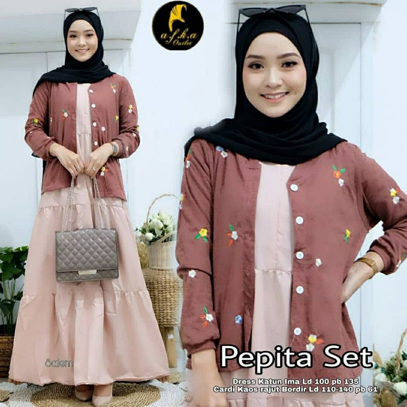 Pepita Set, SETELAN GAMIS &amp; KARDIGAN MUSLIM CANTIK FIT XL TERMURAH TERCANTIK KEKINIAN OOTD MODIS