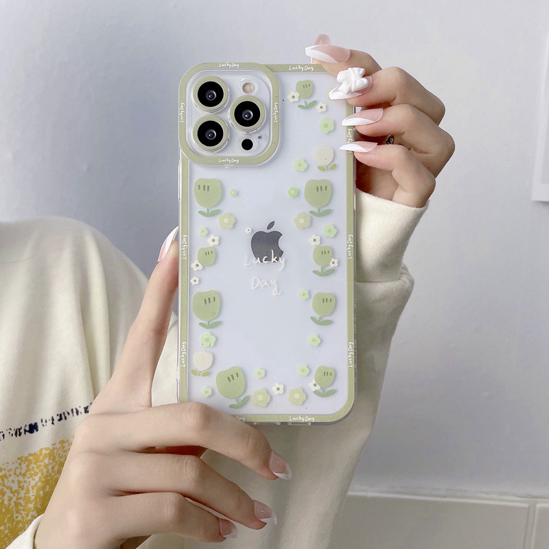 Green Little Flowers Soft Case iP iPhone 11 12 13 Pro Max 6 6S 7 8 + Plus X XR SE 2020 XS Max Casing