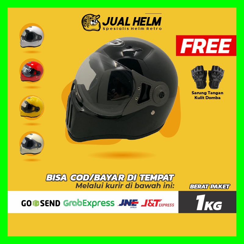 HELM CAKIL HBC PILOT VISOR POLOS + FREE Sarung Tangan Kulit (Helm HBC Cakil/Helm Retro/Helm Vespa/Helm Klasik)