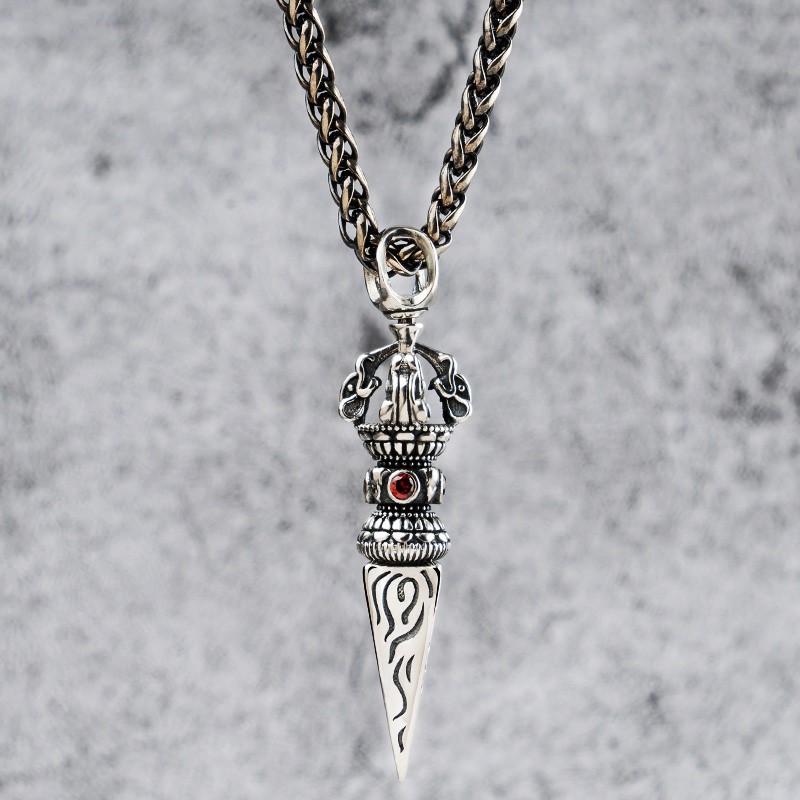 ❣☾▤> Gothic Lolita Perak Panjang Sweater Rantai Kalung Trendi Pria Retro Thai Perak Vajra Pertahanan