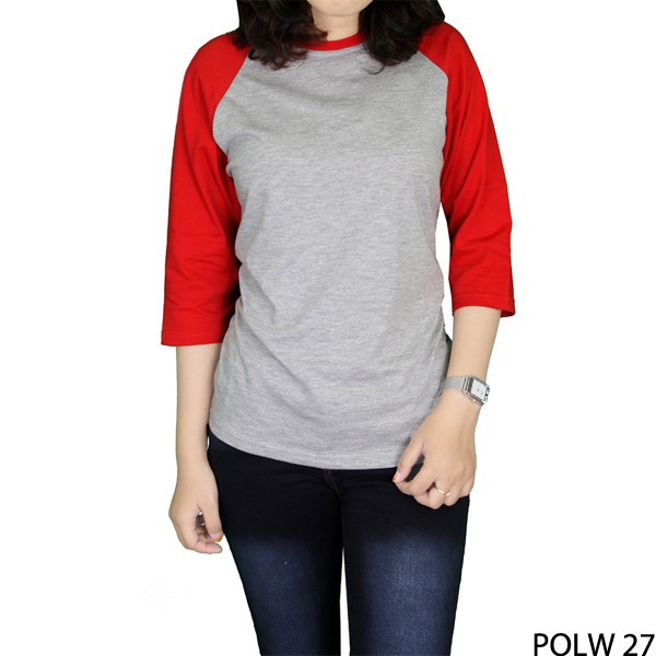 Kaos Raglan Wanita Cotton Combed S20 Abu Kombinasi Merah – POLW 27