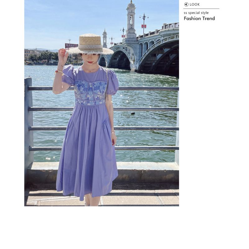 Dress wanita ungu motif bunga bunga senada Korea lengan pendek elegant