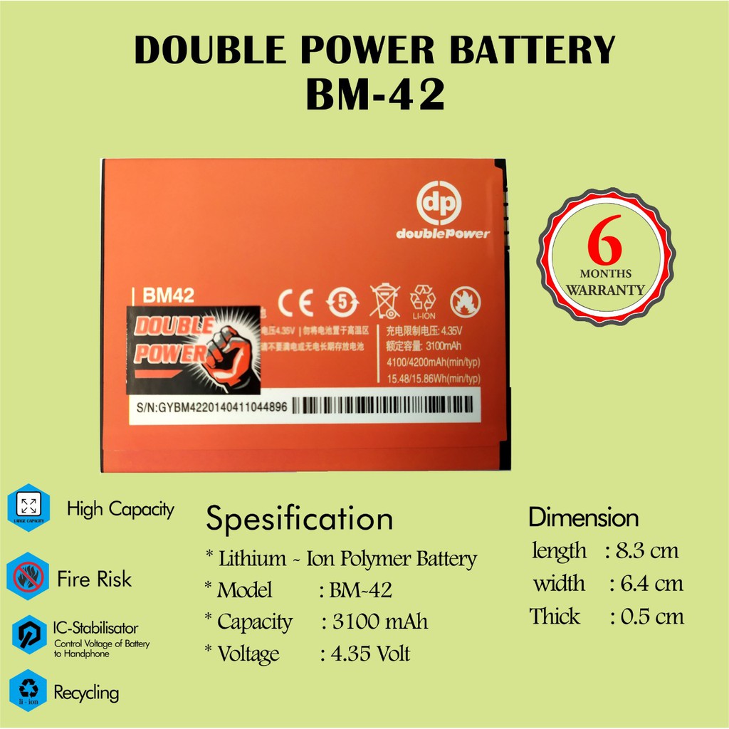 BATTERY DOUBLE POWER XIAOMI REDMI NOTE - BM 42 3100 mAh