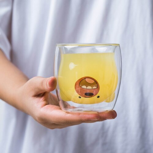 Gelas Unik Lucu Imut Karakter Cangkir Gelas Kopi Teh Susu Double Wall Glass Tahan Panas Insulated Cup Mug-Bear Cup / 250ml