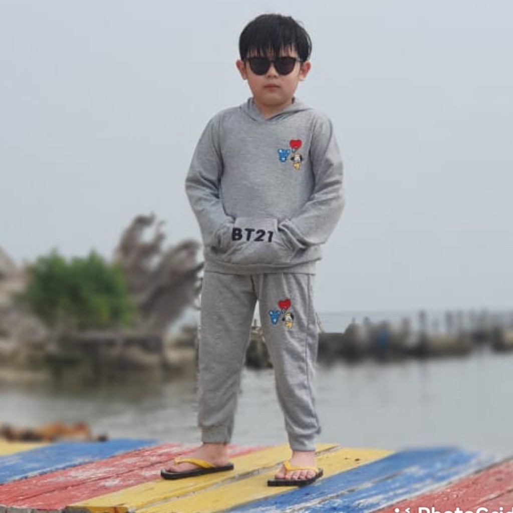 Lucky Kids-Setelan Hoodie BT21 Topi lengan panjang celana panjang Anak Cewek/Cowok 3-9 Tahun
