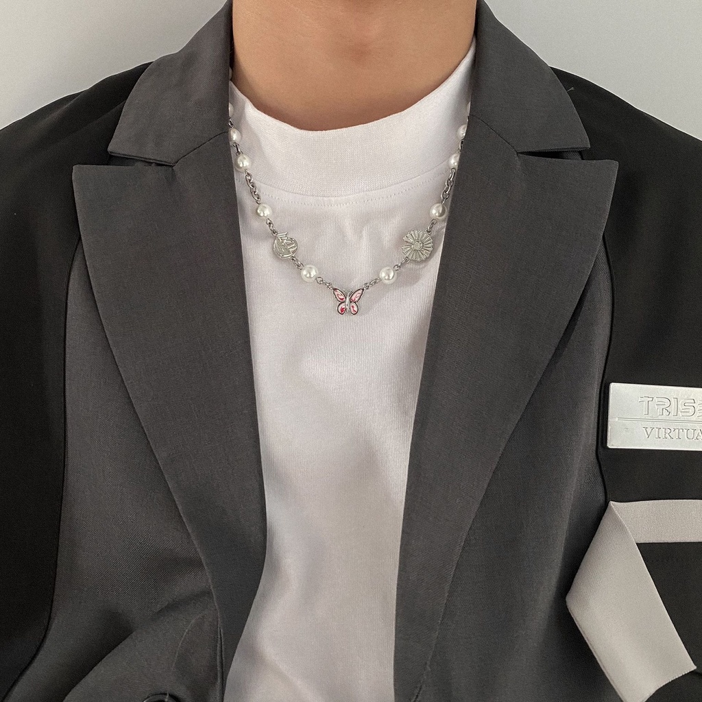 Butterfly Pearl Stitching Necklace Accessories Chain Jump Di Hip Hop Personality Fashion