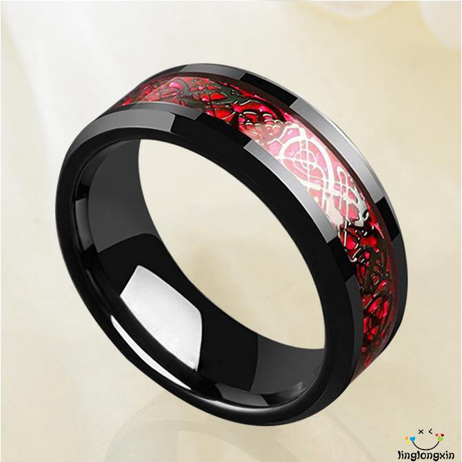 ✽UP✽Tungsten Carbide Ring Black Celtic Dragon Blue Carbon Fibre Wedding Jewelry