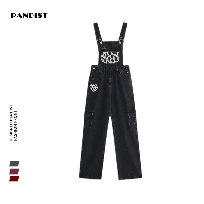 PANDIST overall denim cow-print wanita overall saku cuci longgar retro wanita trendi kasual yang coc