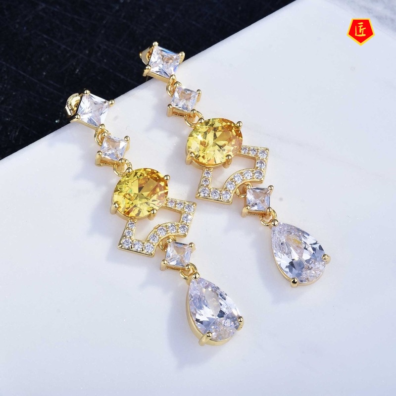 [Ready Stock]S925 Silver Exaggerated Long Yellow Gem Earrings