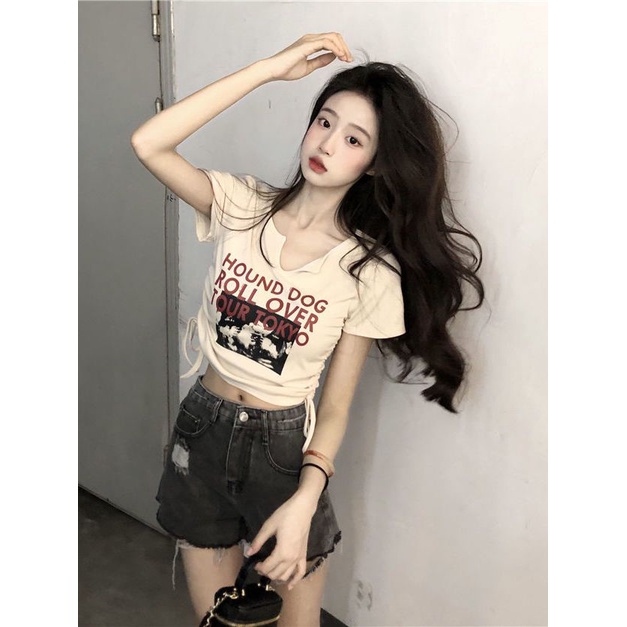 Suhao Pure Desire Pusar Pendek V-Neck T-Shirt Musim Panas Baru Chic Manis Spice Girl Bahu Depan Slim Serut Lengan Pendek Top Wanita