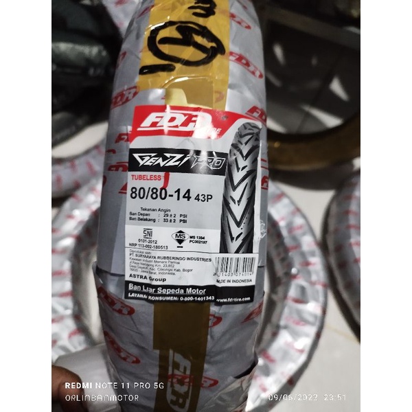 Ban FDR Genzi Pro 80/80-14 Tubles/Ban Depan Beat Street/Ban Luar Depan Vario 125/Ban FDR Depan Genio