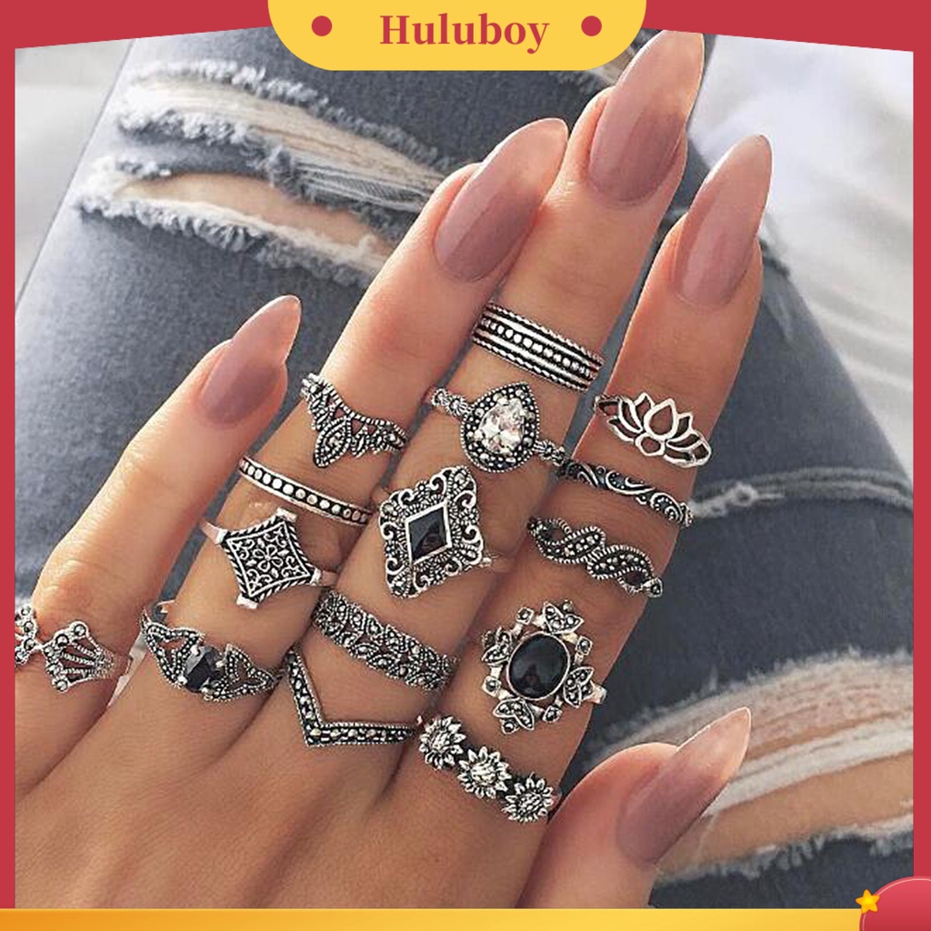 Hu Hu Hu Hu Hu Alat Bantu Pasang Kacamata♡ 11 / 13 / 15pcs Cincin Knuckle Bahan Alloy Desain Ukiran Bunga Hias Permata Imitasi Warna Hitam Gaya Bohemian