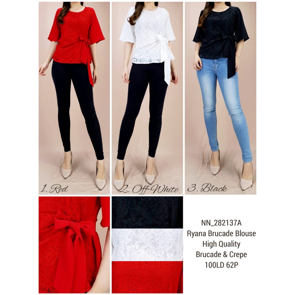 BLOUSE FELLO BRUCADE COMBI CREPE HIGH QUALITY 3/4 SLEEVE ( 3 COLOUR ) RED WHITE BLACK / BLUS BROKAT 