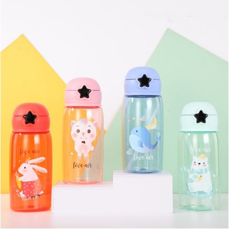 Botol Air Minum Anak Dengan Sedotan Ukuran 500 ml BPA Free Botol Minum Plastik Motif Karakter Lucu Imut Botol Minum Anak Warna Warni