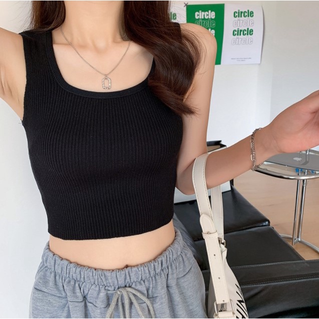 T09 tanktop square neck korea rajut tank top dalaman wanita innerwear pakaian cewek baju dalam-Hitam