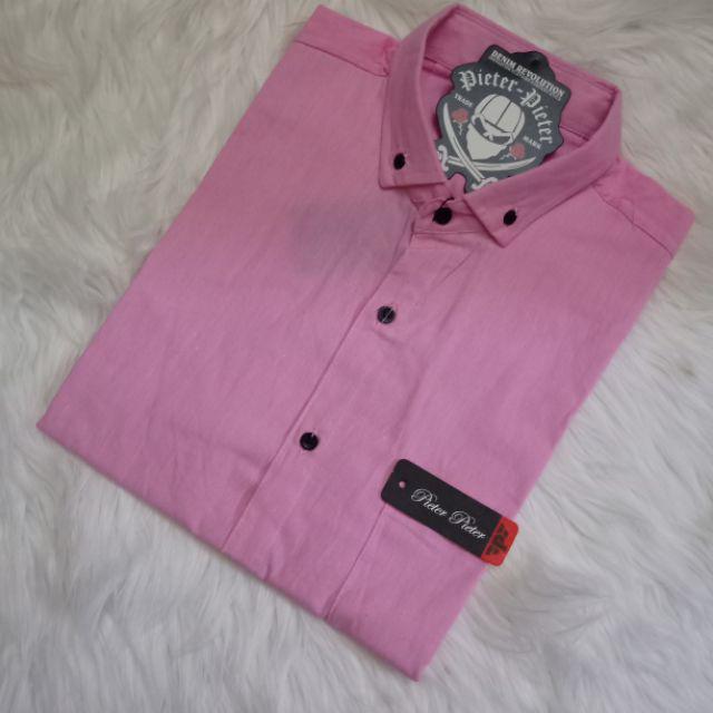 KEMEJA PRIA BOYI TOP MAN LENGAN PANJANG PENDEK KASUAL FORMAL KERJA KANTOR POLOS PUTIH HITAM WHITE-Kemeja pendek Pink