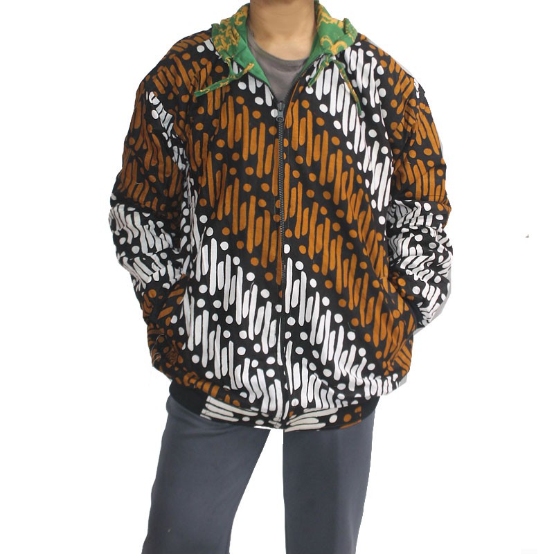 Jaket Hoodie Batik Pria Wanita Bolak Balik Warna Coklat Hijau