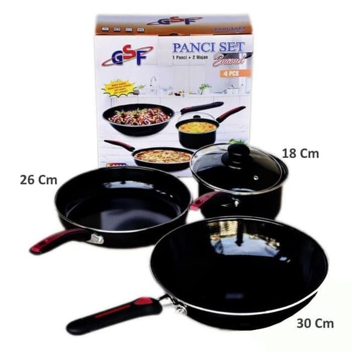 Panci Set Enamel GSF G-2630 Frypan Tutup kaca Wajan Wok Dan Saucepan