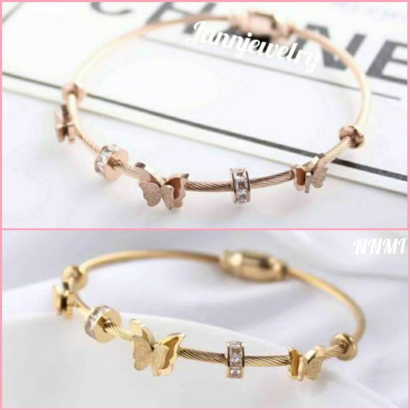 Gelang Bangle Titanium Asli Anti Karat &amp; Alergi Butterfly Kupu-Kupu Roseold