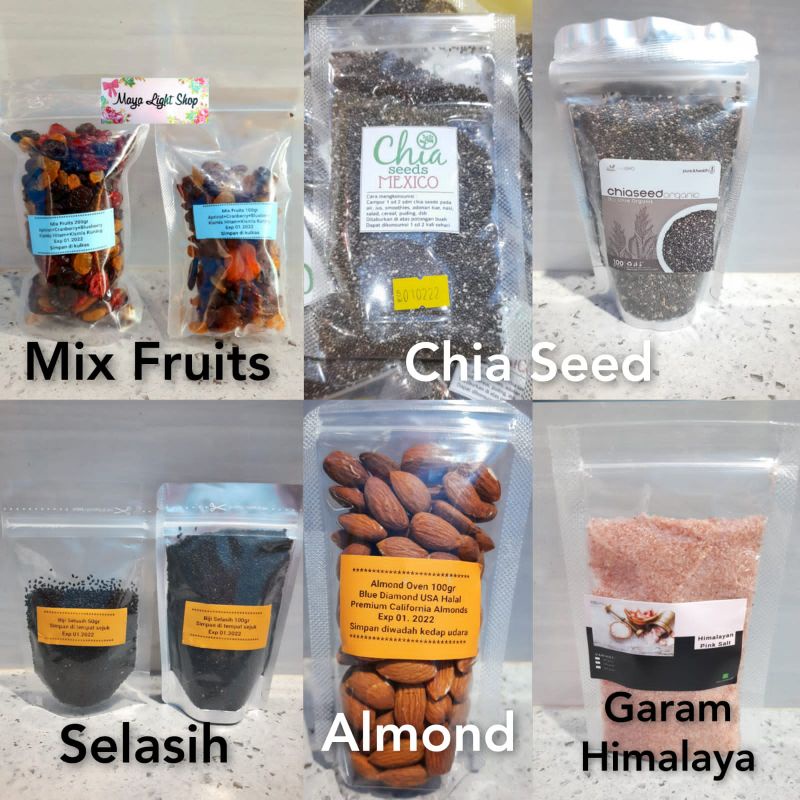 superfood chia seed garam himalaya kacang badam roasted almond dried fruits vegan food cemilan diet sehat keto menu sehat