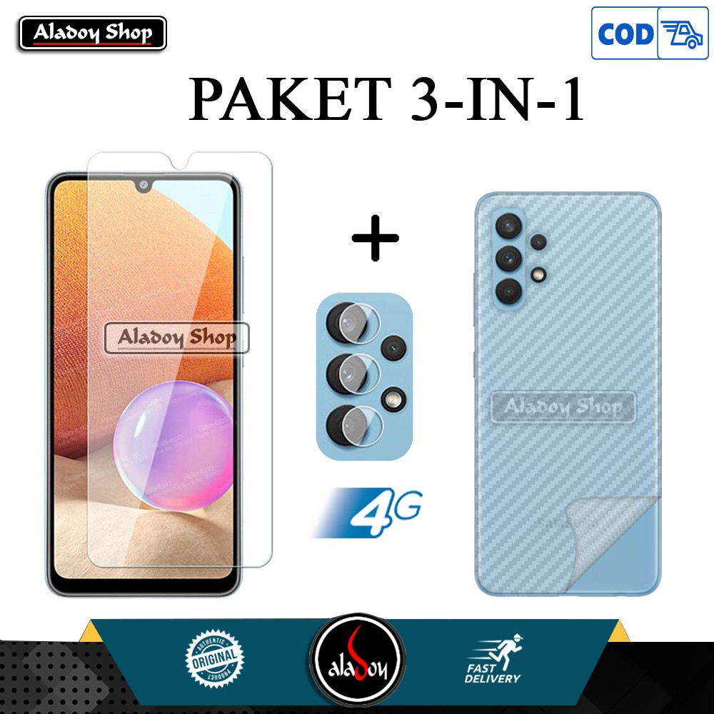 Tempered Glass Clear Samsung Galaxy A32 4G 2021 +Tempered Glass Camera + Skin Carbon