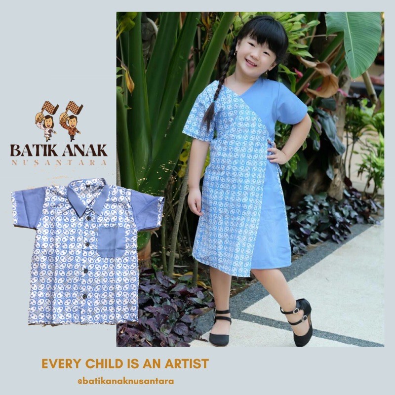 Couple Dress Kimono dan Kemeja Anak Batik Motif Kawung Biru Langit/ Dress Anak Biru/ Kemeja Biru