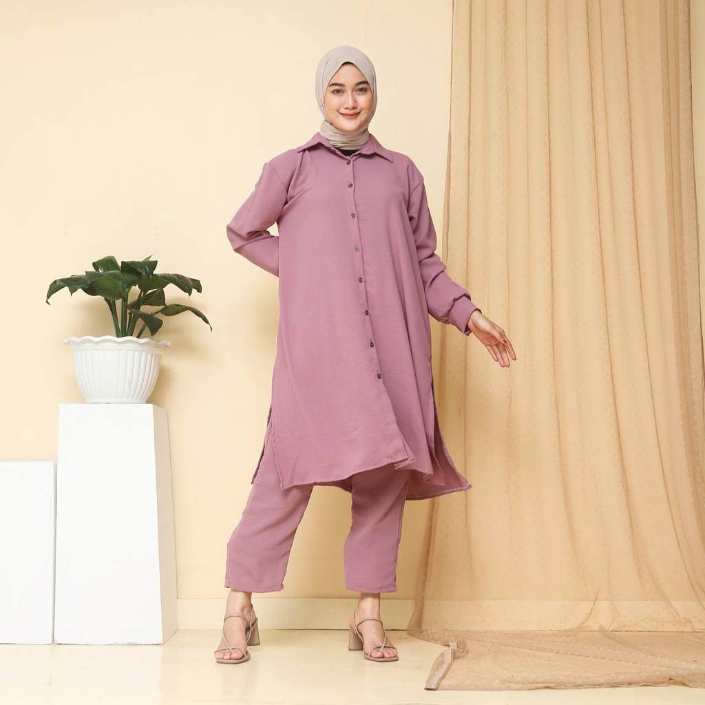 Oneset Tunik Adhisa Crinkle Airflow / Setcel Tunik Crinkle Airflow Busui / Setelan Tunik Crinkle Variasi Kancing Belakang Kancing Depan Full Hidup