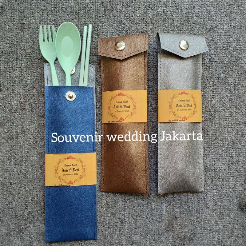 Souvenir sendok garpu sumpit gogreen kemas pouch kulit sintetis/dompet wadah sendok garpu