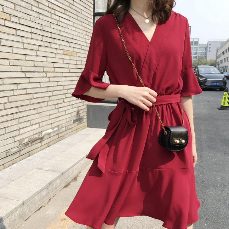 KDR-38 elegant dress with V-neck mid-length dress hitam mustard terusan wanita import korea