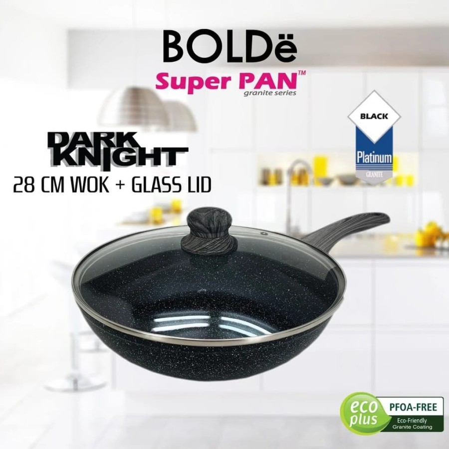 Wok Pan Bolde Super Pan Granit 28CM + Lid Black Dark Knight Tutup Kaca