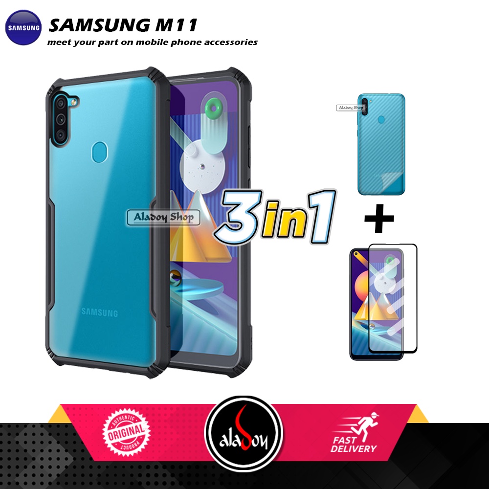 Case SAMSUNG M11 Armor Fushion Transparent Casing + Tempered Glass Full Layar dan Skin Carbon