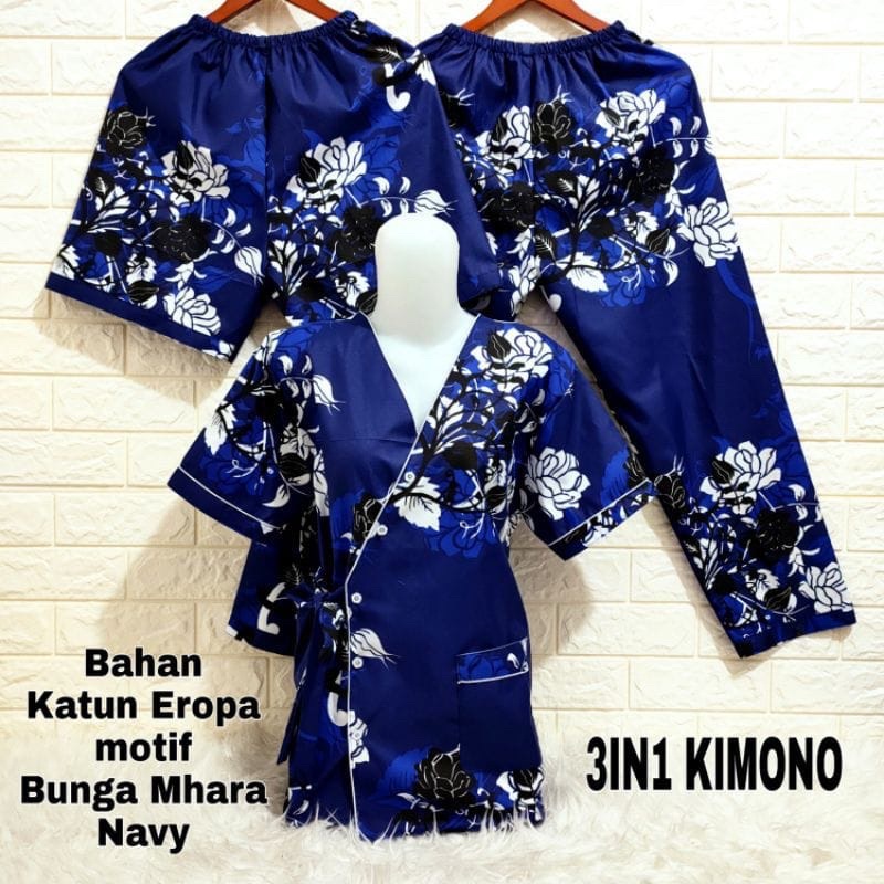Baju Tidur kimono pakaian wanita set 3in 1 bunga bunga SIZE JUMBO XXL