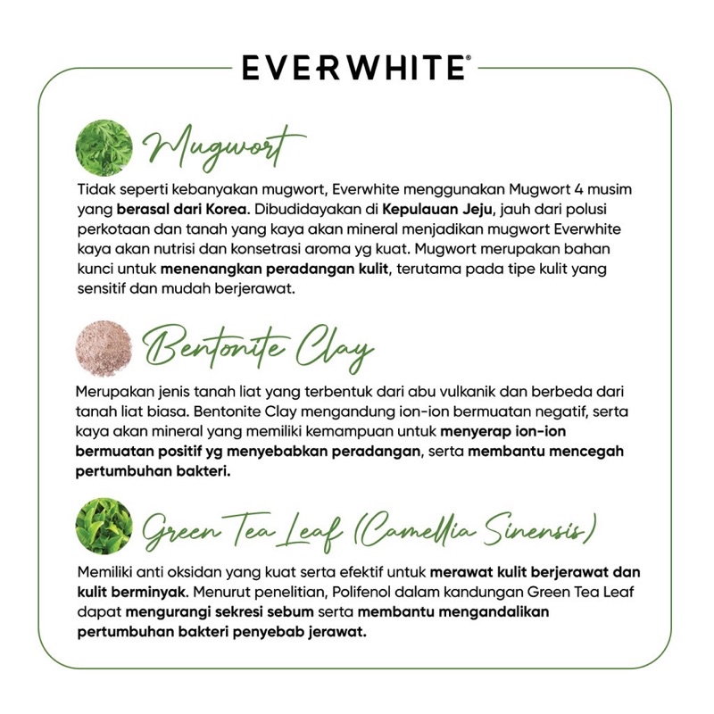 EVERWHITE Mugwort Pore Clay Mask Indonesia / Facial Wash Toner Essence Serum Eye Cream Masker Soap