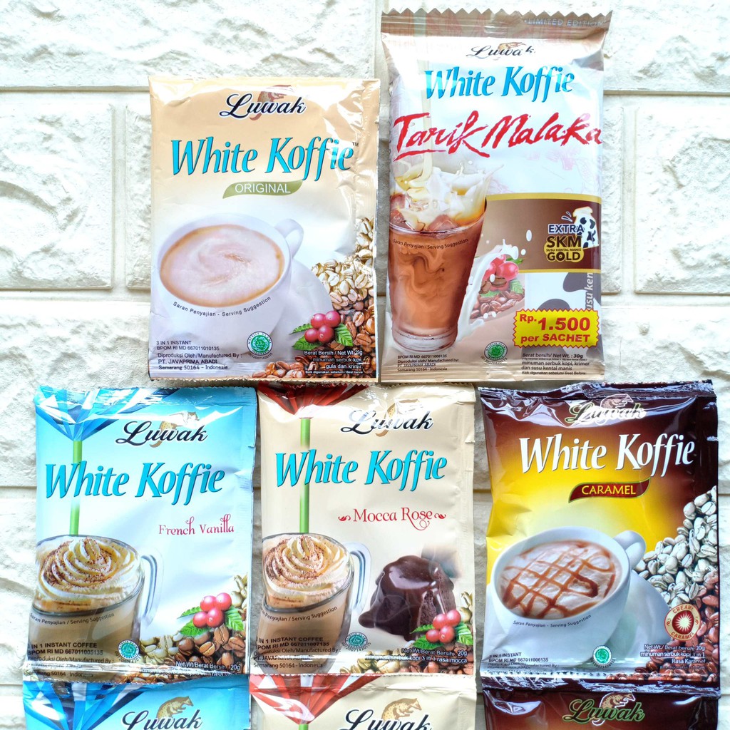 Luwak White Koffie Coffee Sachet 20gr Premium Less Sugar Kurang Gula Original Vanilla Mocca Caramel Tarik Malaka Minuman Kopi Susu Instan Instant 3in1 20