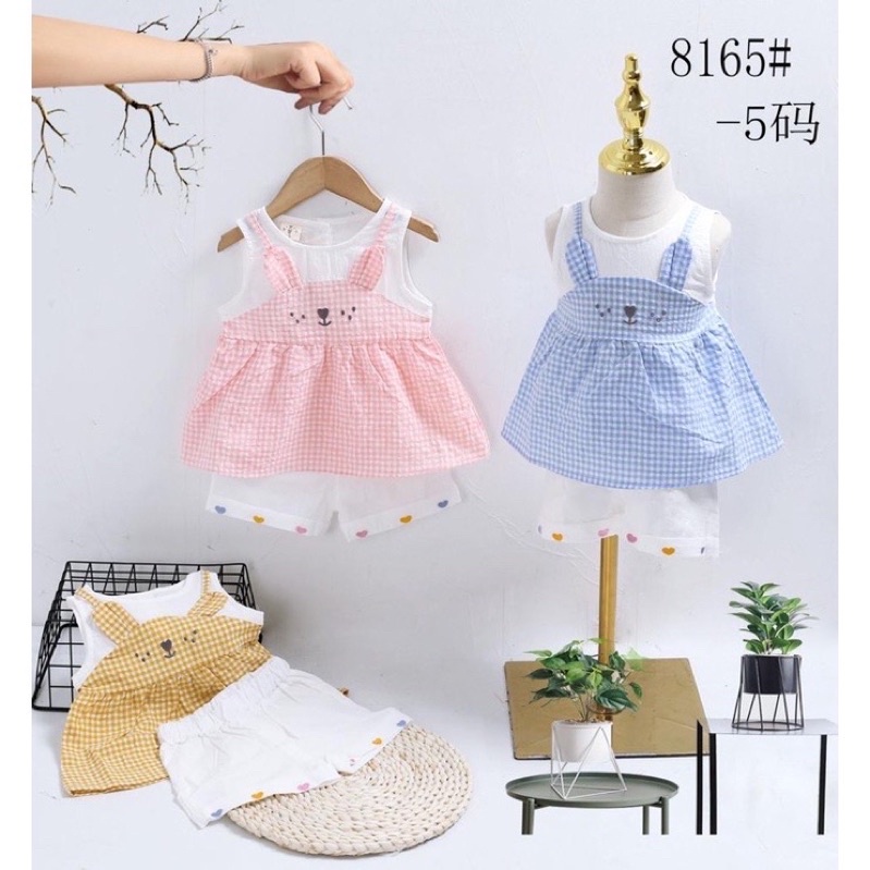 Setelan fashion import anak motif kotak / stl004 / celana karet premium buntung / set kaos rompi anak