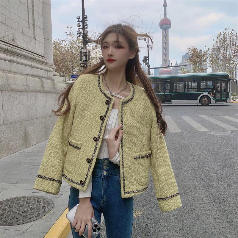 jaket korean style wanita yellow small tweed short coat spring French retro lady style