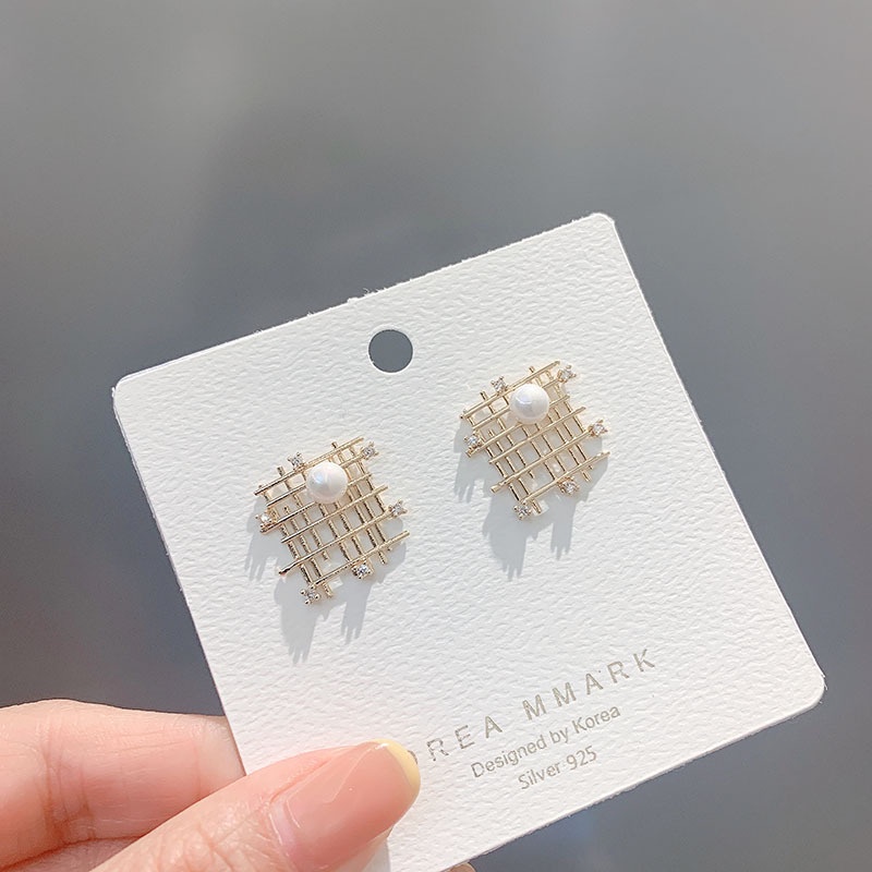 Korea Dongdaemun indah jarum perak anting-anting elegan desain kelas tinggi geometris mesh anting-an