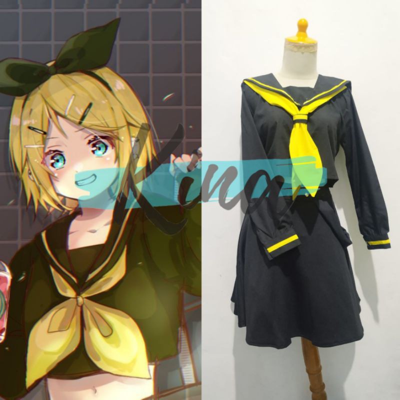 Rin Kagamine Vocaloid Seifuku black yellow Female ver Cosplay Costume Anime Female