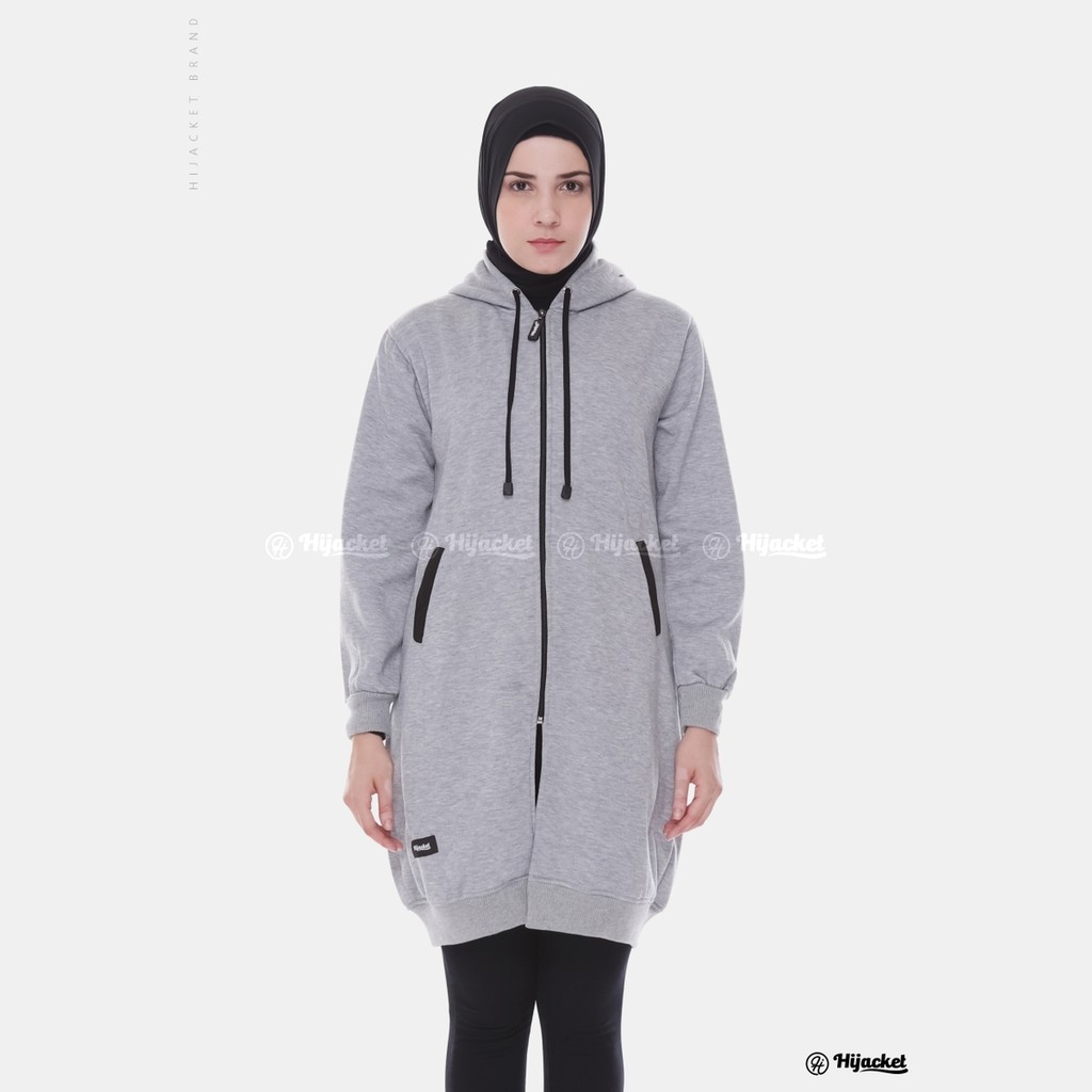 Hijacket Basic jaket hijab wanita Muslim Syari panjang polos tebal (COD bayar di rumah)-HJ13 Grey x black