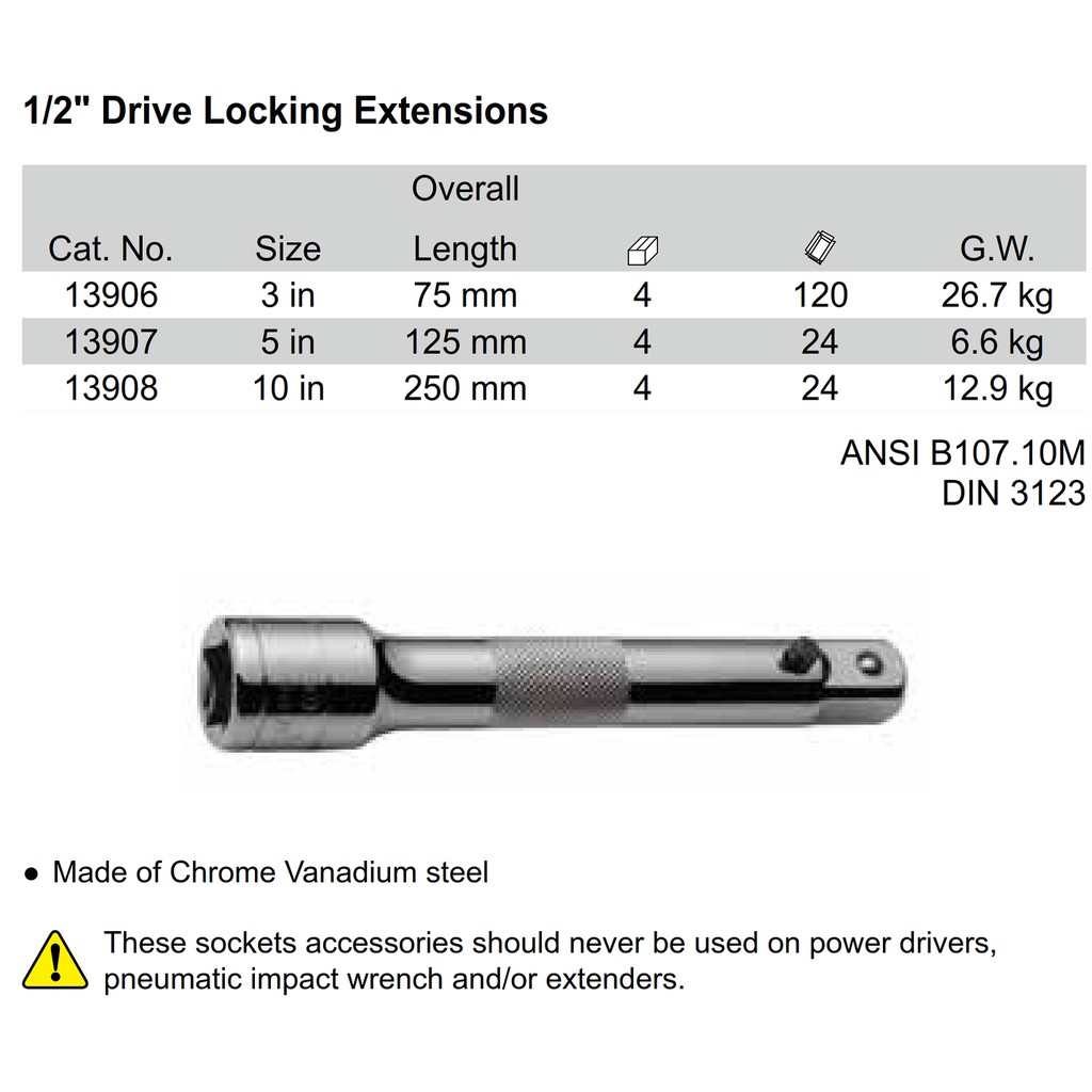 1/2'' Drive Locking Extensions 125 MM / 5 &quot; 13907 SATA TOOLS