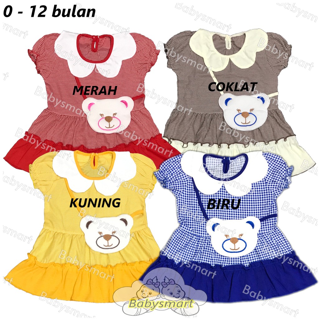 Babysmart - Baju bayi/Anak Perempuan Dress motif BEAR KOTAK PLANET KIDS usia 0 -12 bulan / Pakaian