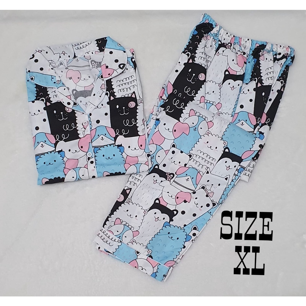 Baju Tidur Dewasa Gambar Lucu LD 104cm / Piyama Katun Lengan Pendek Celana Panjang CP-XL CAT LOVE BIRU CP