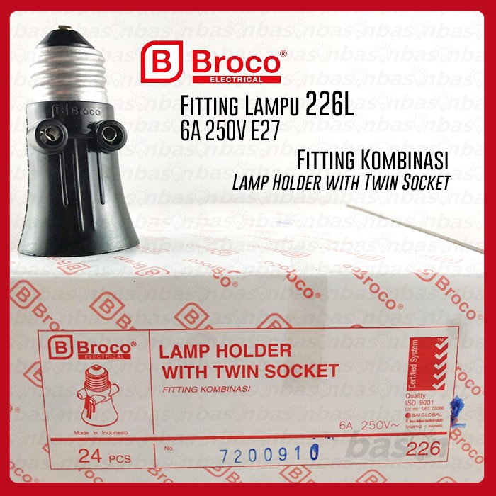 BROCO 226 STD Lamp Holder Black dengan 2x Soket Listrik 6A 250V