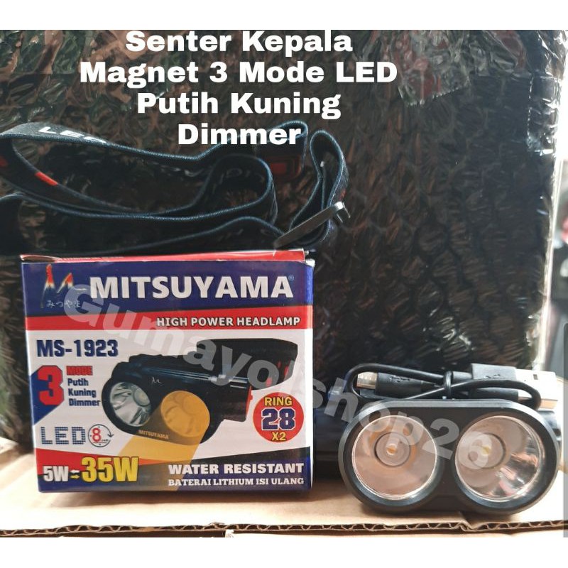 Senter Kepala Magnet Led 3 Mode Putih Kuning Dimmer Headlamp Mitsuyama MS -1923 Water Resistant