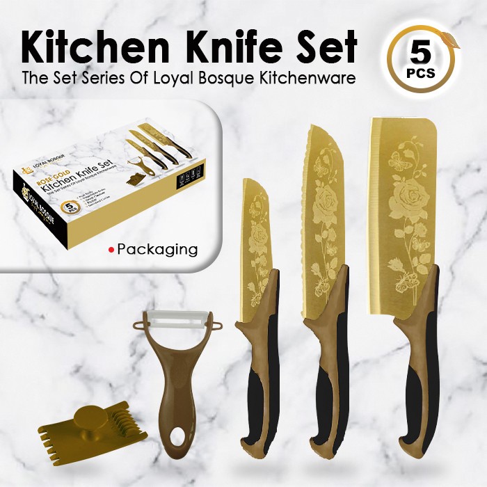 Pisau Dapur Set/ Pisau Daging 5in1 Gold Pisau Anti Karat
