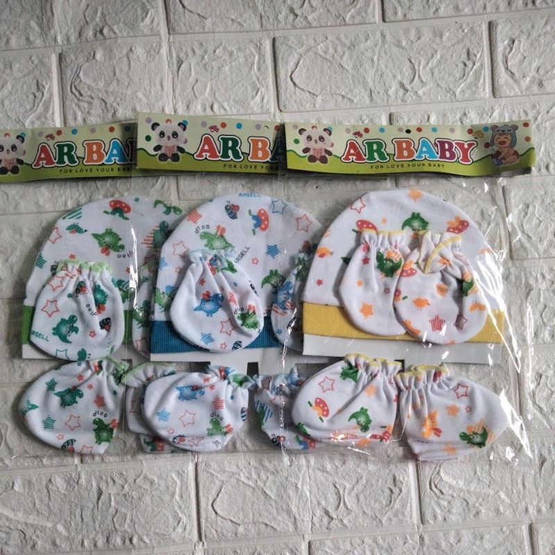 paket hemat baju/celana bayi putih motif arsell+topi set sartaki