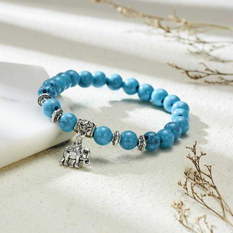 Gelang Tangan Manikmanik Batu Turquoise 7 Chakra Elastis Aksen Gajah Untuk Wanitahadiah