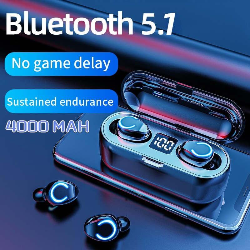 ⚡TWS-F9-8 Tahan Air Headset TWS 5.0 F9 Bluetooth Earphone In-ear Stereo Wireless Headphone Powerbank-F9-8C Hitam ORI